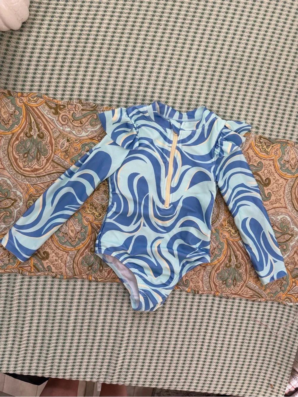 wonder nation Blue & Light Blue Swirl Long-Sleeve One-Piece Swimsuit 2T